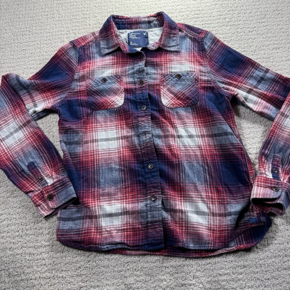 American Eagle Shirt Girls Flannel Long Sleeve Cotton Plaid‎ Red Navy Size 10